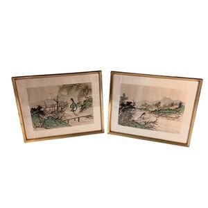 Vintage Chinese Asian Paintings on Silk Woman in Landscape Gold Frame Set of Two